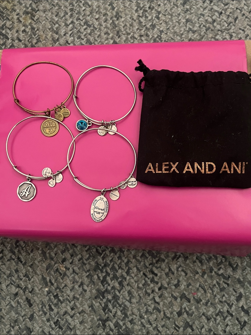 Alex and Ani Mixed Metal Charm Bangle Set with Black Pouch